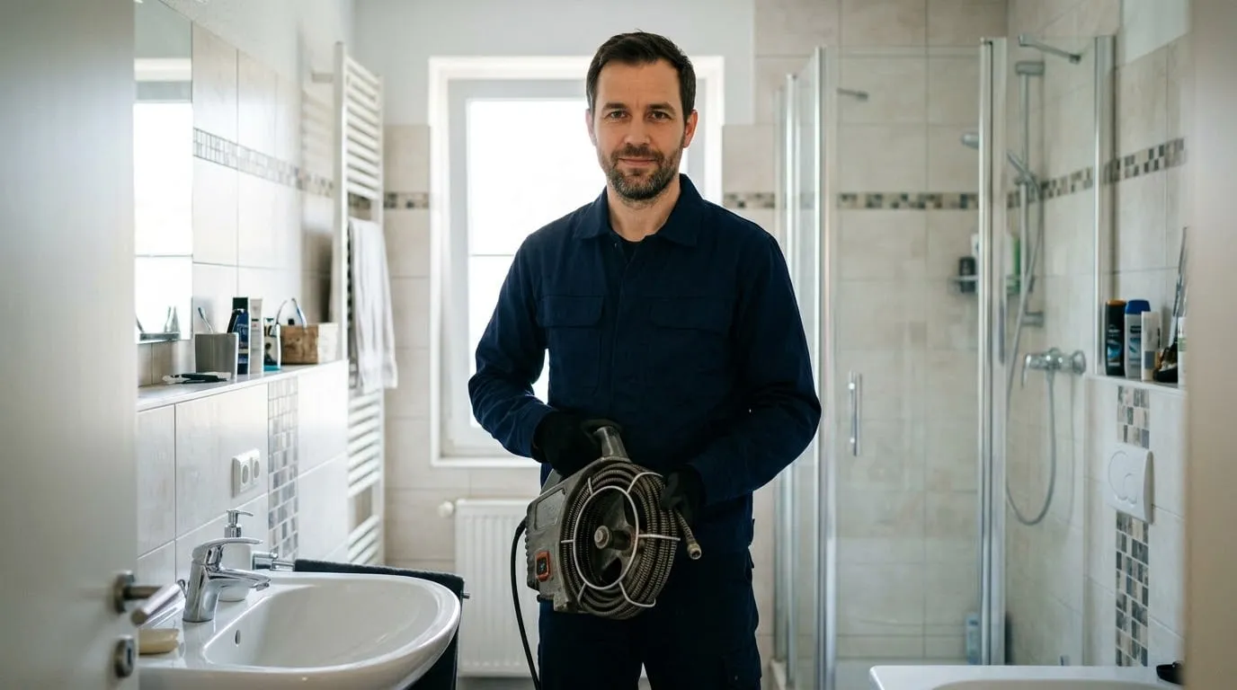 Techniker von Abflussretter24 mit Rohrreinigungsspirale in einem Badezimmer